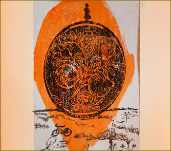 Granatapfel Nr.3, Kupferdruck auf farbigem Papier und Finelinerzeichung, 100 x 70 mm